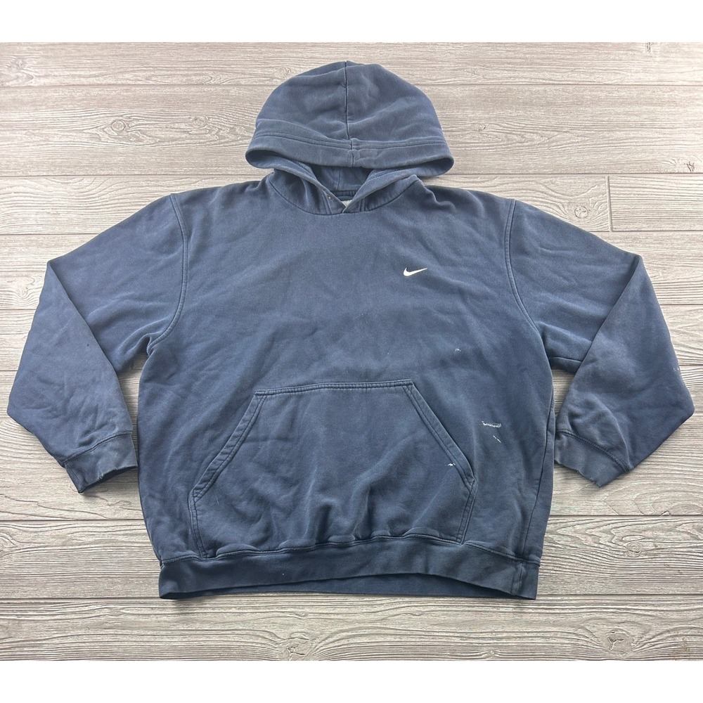 Nike Mens XL Mini Swoosh Hoodie Navy Blue Faded Pullover Sweatshirt Y2K